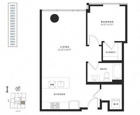 Floor plan for 1 bed, 1 bath, 740 sqft